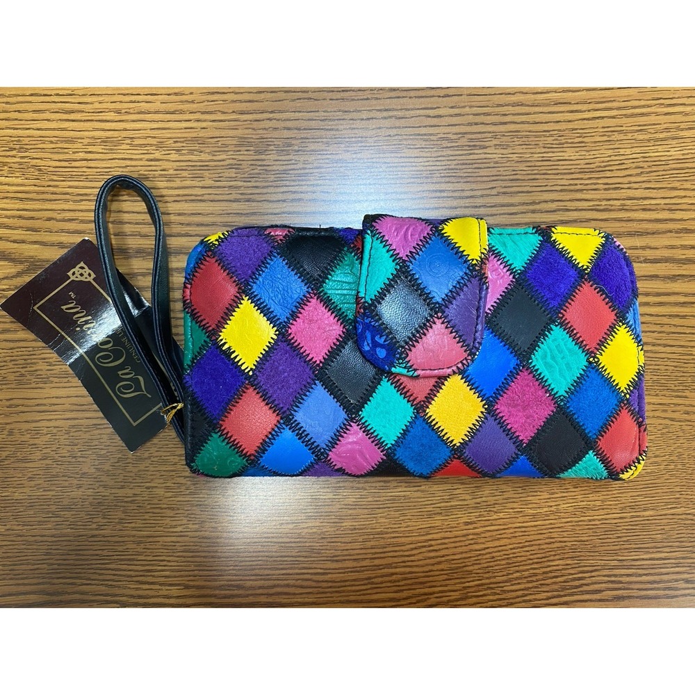 Vintage La Covina Wristlet Wallet Rainbow Argyle Leather Artsy Eclectic Wacky